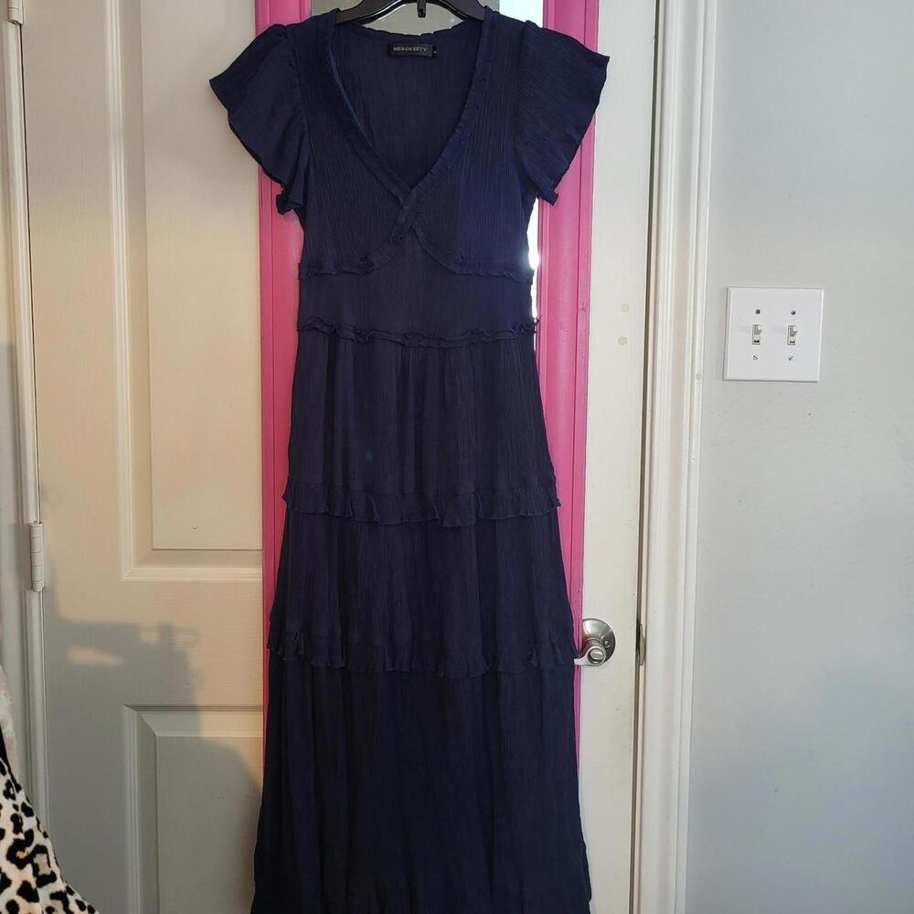 Merokeety 2023 blue tiered maxi dress with ruffled sleeves and V-neckline